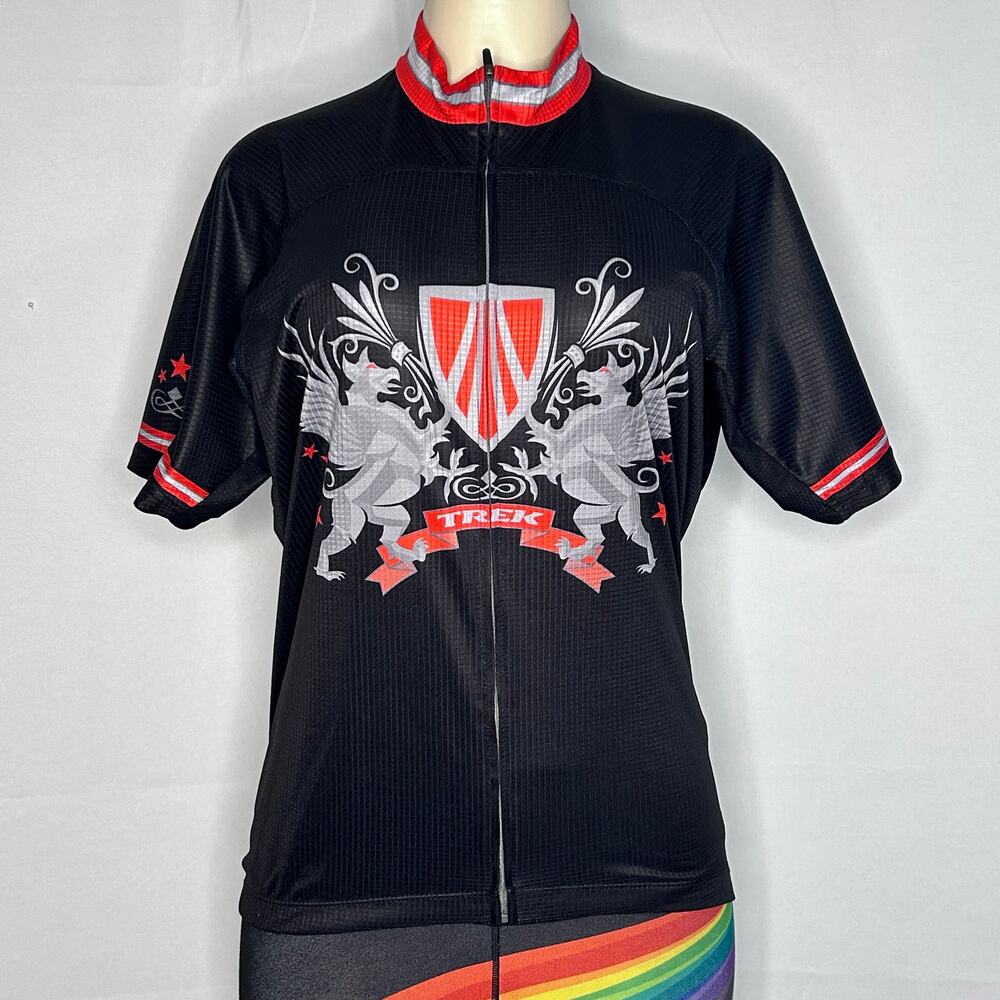 Trek Bontrager Cycling Jersey Large Black Red Crest Graphic Full Zip Bike Shirt